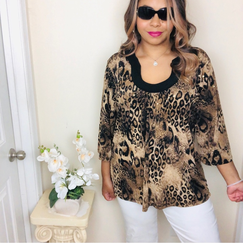 Leopard Y2K Brown Black Gold Sequin Shimmer 3/4 Sleeves Blouse 3X Plus Size Top
